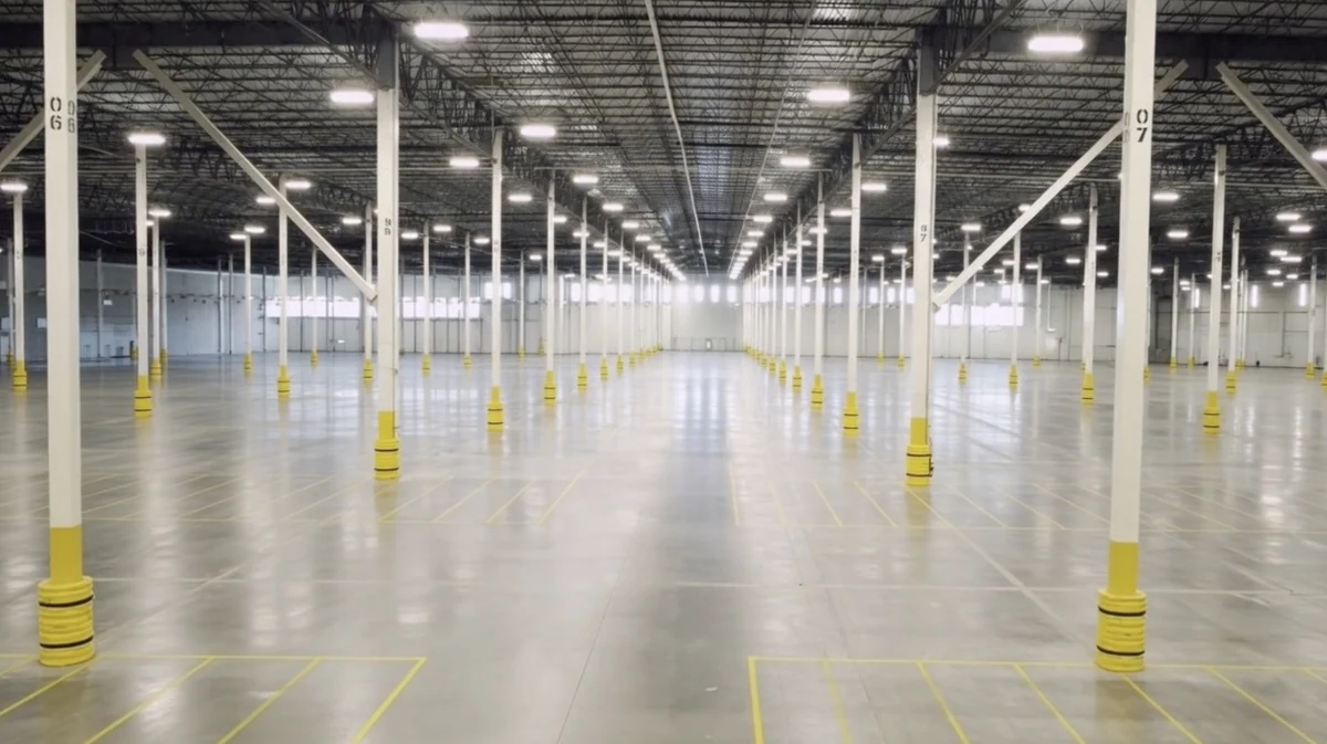 Interior of a large warehouse with marked storage lanes